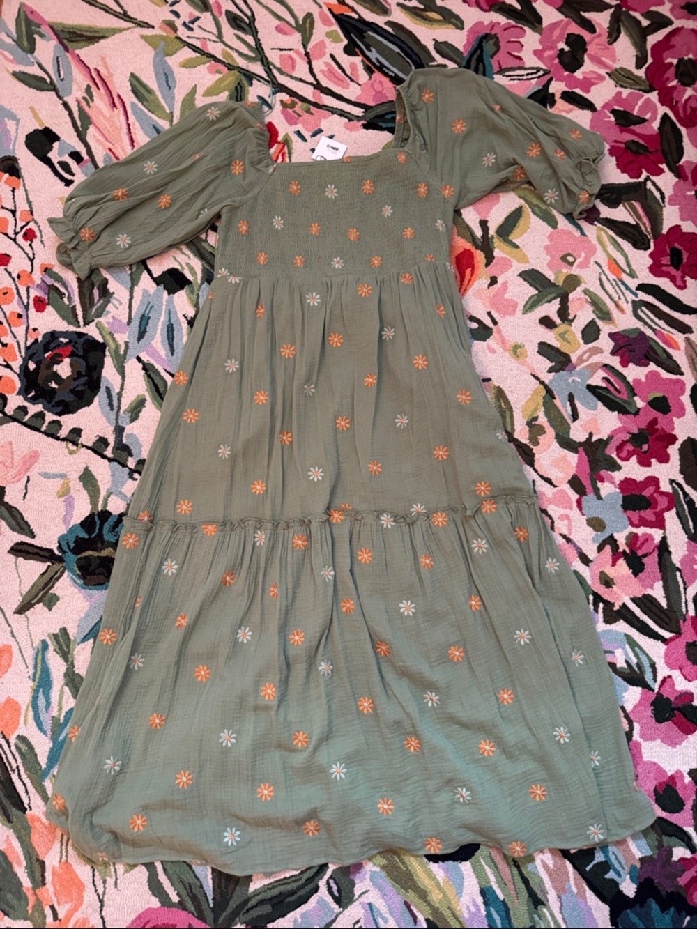 Olive Green Tiered Dress with Orange & White Floral Embroidery